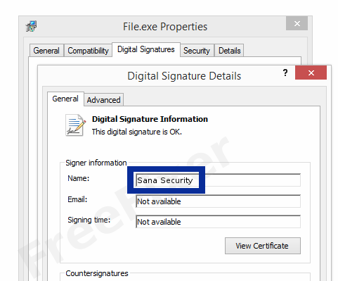 Screenshot of the Sana Security certificate